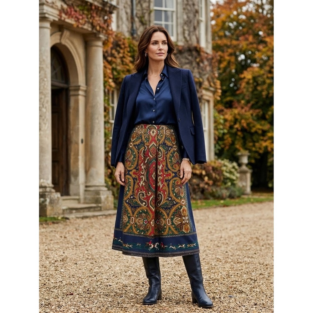 Leslie Fay Paisley Equestrian Midi Skirt VTG Navy Blue Gold Fox Hunt Scene Sz 14